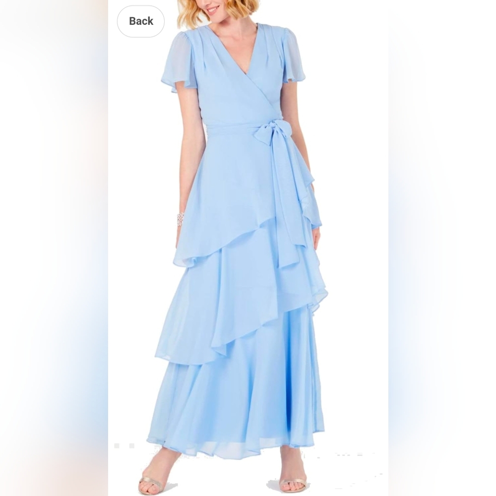 Tahari light blue chiffon gown short sleeve